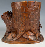 Antique Swiss Black Forest Carved Wood Tree Stump Tobacco or Cigar Stand w Fox and Nest