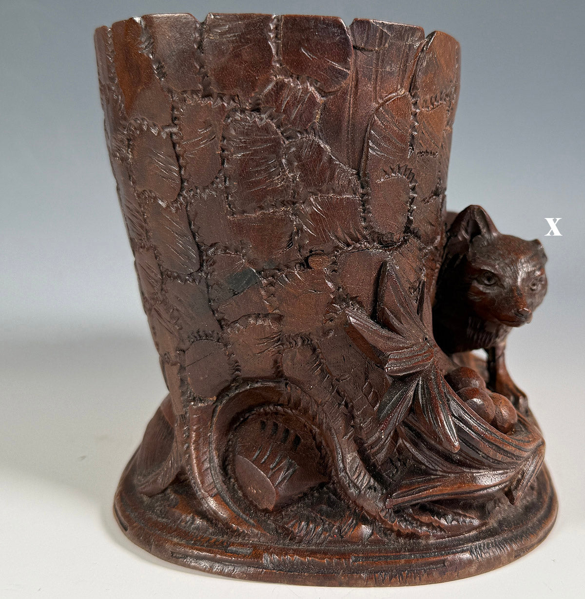 Antique Swiss Black Forest Carved Wood Tree Stump Tobacco or Cigar Stand w Fox and Nest