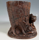 Antique Swiss Black Forest Carved Wood Tree Stump Tobacco or Cigar Stand w Fox and Nest