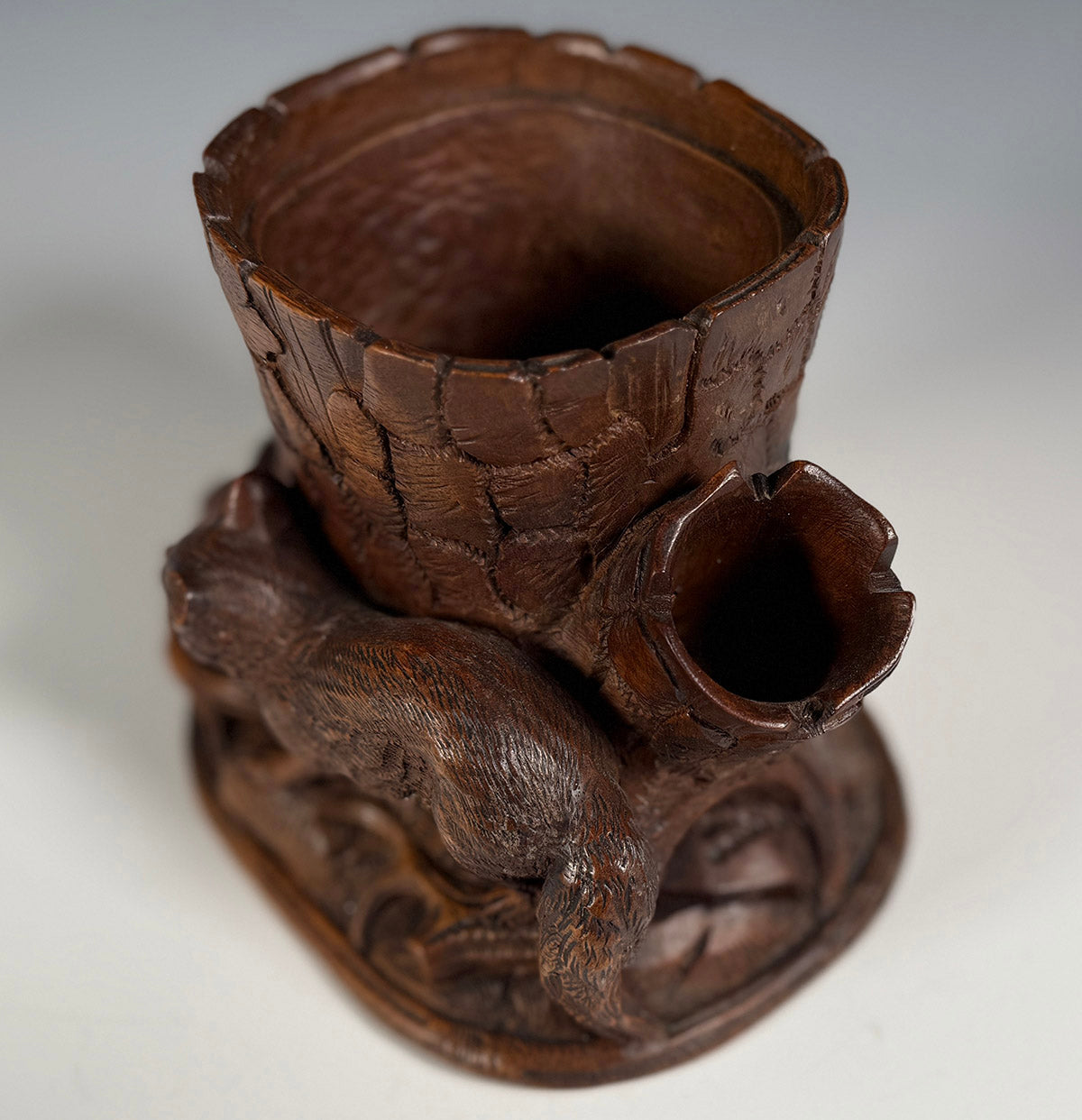 Antique Swiss Black Forest Carved Wood Tree Stump Tobacco or Cigar Stand w Fox and Nest