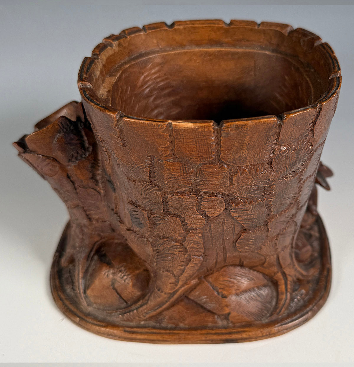 Antique Swiss Black Forest Carved Wood Tree Stump Tobacco or Cigar Stand w Fox and Nest