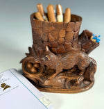 Antique Swiss Black Forest Carved Wood Tree Stump Tobacco or Cigar Stand w Fox and Nest