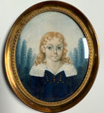 Rare Napoleonic Era French Portrait Miniature of Blond Girl, Blue Eyes Lace Collar Dress