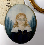 Rare Napoleonic Era French Portrait Miniature of Blond Girl, Blue Eyes Lace Collar Dress