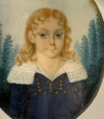Rare Napoleonic Era French Portrait Miniature of Blond Girl, Blue Eyes Lace Collar Dress