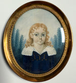 Rare Napoleonic Era French Portrait Miniature of Blond Girl, Blue Eyes Lace Collar Dress