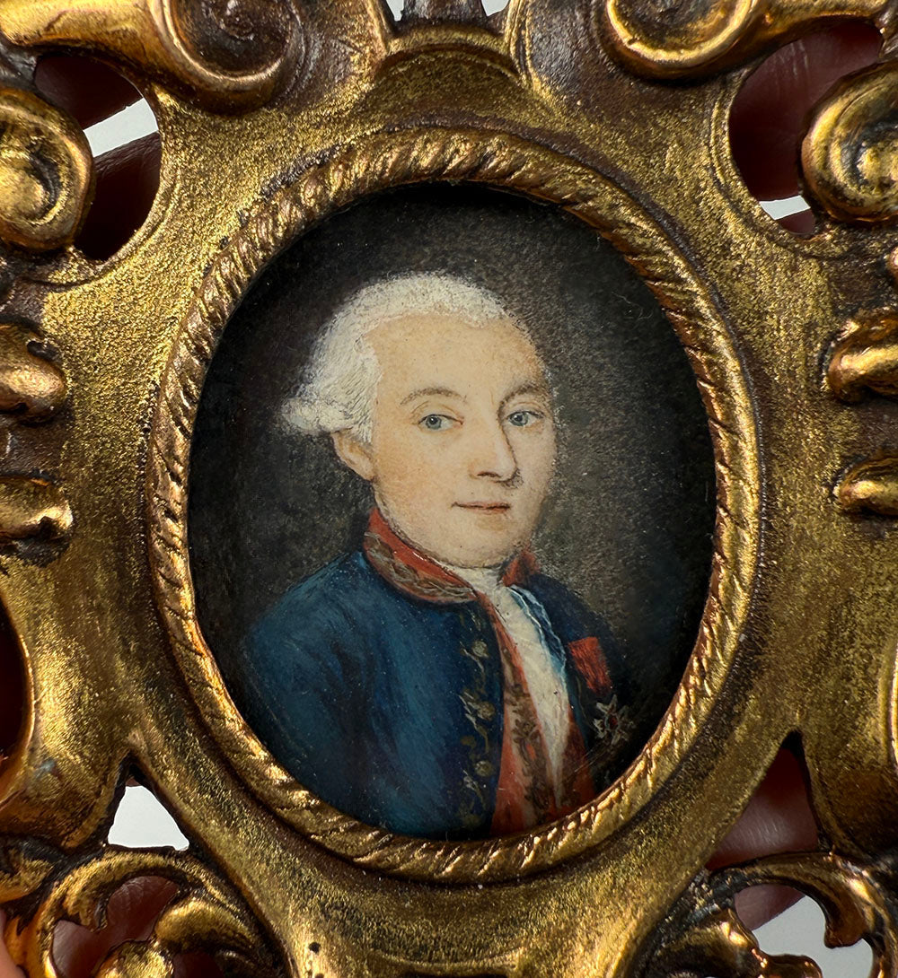 Antique 18th Century French Portrait Miniature Revolutionary Military Officer with Uniform, Medal