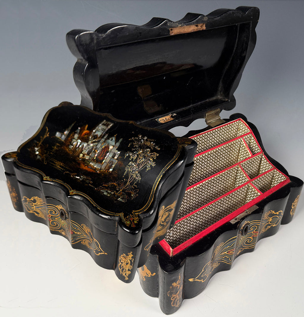 Fine Victorian Era Papier Mache Desktop Stationery or Writer's Box w Mother of Pearl Inlays