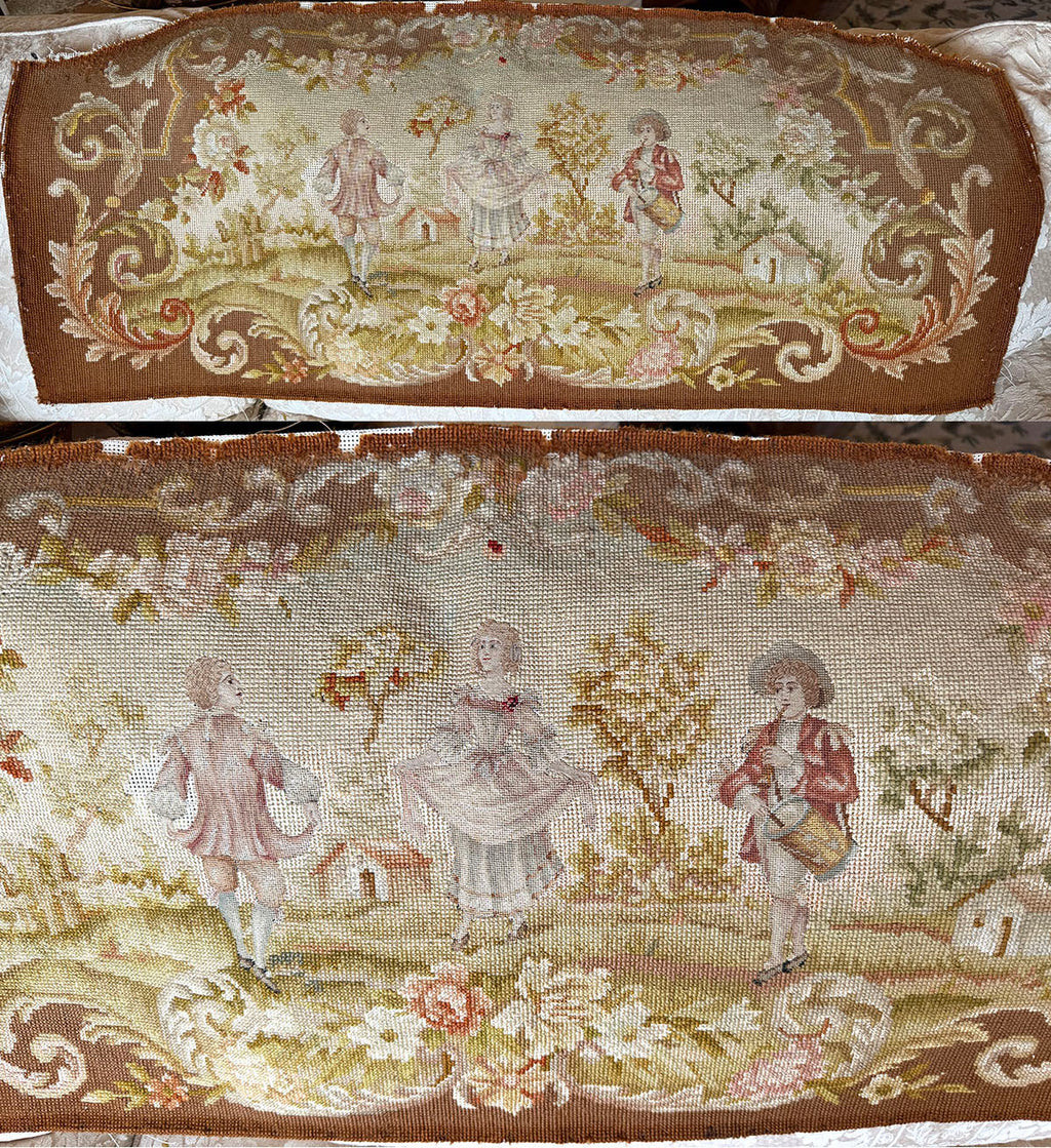 Antique French Romantic Era Needlepoint 43" x 23" Panel with 3 18th c. Figures, Country Setting