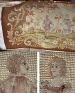 Antique French Romantic Era Needlepoint 43" x 23" Panel with 3 18th c. Figures, Country Setting