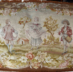 Antique French Romantic Era Needlepoint 43" x 23" Panel with 3 18th c. Figures, Country Setting
