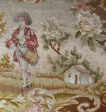 Antique French Romantic Era Needlepoint 43" x 23" Panel with 3 18th c. Figures, Country Setting