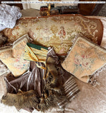 Antique French Romantic Era Needlepoint 43" x 23" Panel with 3 18th c. Figures, Country Setting