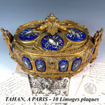 RARE Antique Napoleon III Era TAHAN PARIS gothic Jewelry Box, 10 Limoges Kiln-fired Enamel Plaques