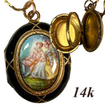 Superb Antique 14k Gold Double Locket, Kiln-fired Enamel Plaque, Romantic Era Pendant, 9.2 Grams