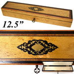 Antique French Napoleon III Era 11.5" Hand Fan Casket, Boulle Style Inlay & Birdseye Maple Veneers