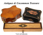 Antique French Napoleon III Era 11.5" Hand Fan Casket, Boulle Style Inlay & Birdseye Maple Veneers