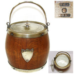 Antique Edwardian Era Daneil & Arter Silver Plate & Oak Tobacco Jar or Cracker Barrel