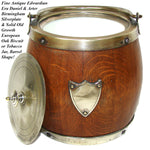 Antique Edwardian Era Daneil & Arter Silver Plate & Oak Tobacco Jar or Cracker Barrel