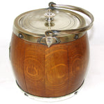 Antique Edwardian Era Daneil & Arter Silver Plate & Oak Tobacco Jar or Cracker Barrel