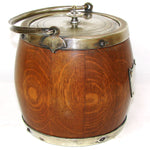 Antique Edwardian Era Daneil & Arter Silver Plate & Oak Tobacco Jar or Cracker Barrel