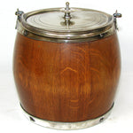 Antique Edwardian Era Daneil & Arter Silver Plate & Oak Tobacco Jar or Cracker Barrel
