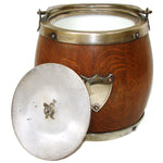 Antique Edwardian Era Daneil & Arter Silver Plate & Oak Tobacco Jar or Cracker Barrel