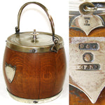 Antique Edwardian Era Daneil & Arter Silver Plate & Oak Tobacco Jar or Cracker Barrel