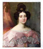 Antique French Oil Painting Portrait of a Beautiful Young Woman in Pink Satin and Lace Gown, c. 1830s