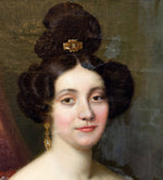 Antique French Oil Painting Portrait of a Beautiful Young Woman in Pink Satin and Lace Gown, c. 1830s