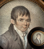 Antique French Revolutionary Napoleonic Era Portrait Miniature of a Gentleman, Grizaille in Wood Frame
