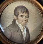 Antique French Revolutionary Napoleonic Era Portrait Miniature of a Gentleman, Grizaille in Wood Frame