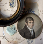 Antique French Revolutionary Napoleonic Era Portrait Miniature of a Gentleman, Grizaille in Wood Frame