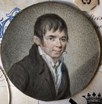 Antique French Revolutionary Napoleonic Era Portrait Miniature of a Gentleman, Grizaille in Wood Frame