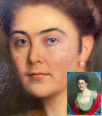 Stunning Antique French Oil Painting, Portrait of a Beautiful Woman, Red Shawl, Low Lace Bodice, c.1810, Unsigned