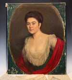 Stunning Antique French Oil Painting, Portrait of a Beautiful Woman, Red Shawl, Low Lace Bodice, c.1810, Unsigned