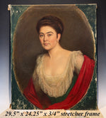Stunning Antique French Oil Painting, Portrait of a Beautiful Woman, Red Shawl, Low Lace Bodice, c.1810, Unsigned