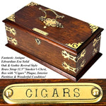 Antique Edwardian Era 11.5" Solid Oak & Gothic Revival Brass Straps "Cigars" Box, Chest