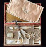 Antique French Palais Royal Mother of Pearl 18k Gold Sewing Set, Etui, c.1780s, Complete with 8 Tools