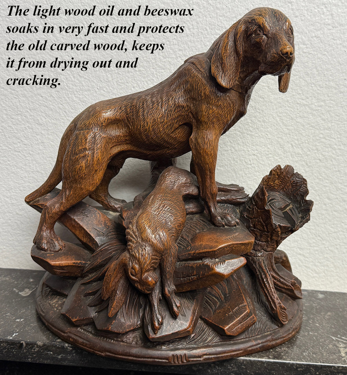 Superb 11 1/4" Tall Antique Hand Carved Swiss Black Forest Carved Dog, Hound and Hare, Rabbit