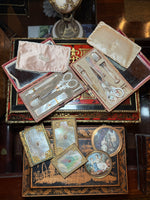 Fine Antique French Palais Royal 18k Mother of Pearl Sewing Nécessaire, Etui, Set Figural Scissors, 7 Tools