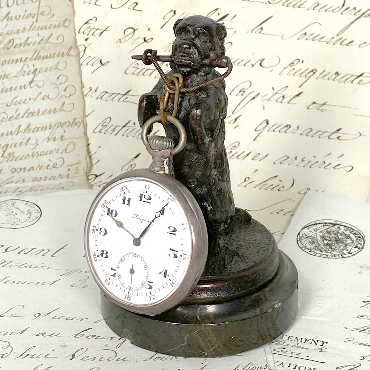 Antique French Bronze Begging Dog Pocket Watch Holder, Stand