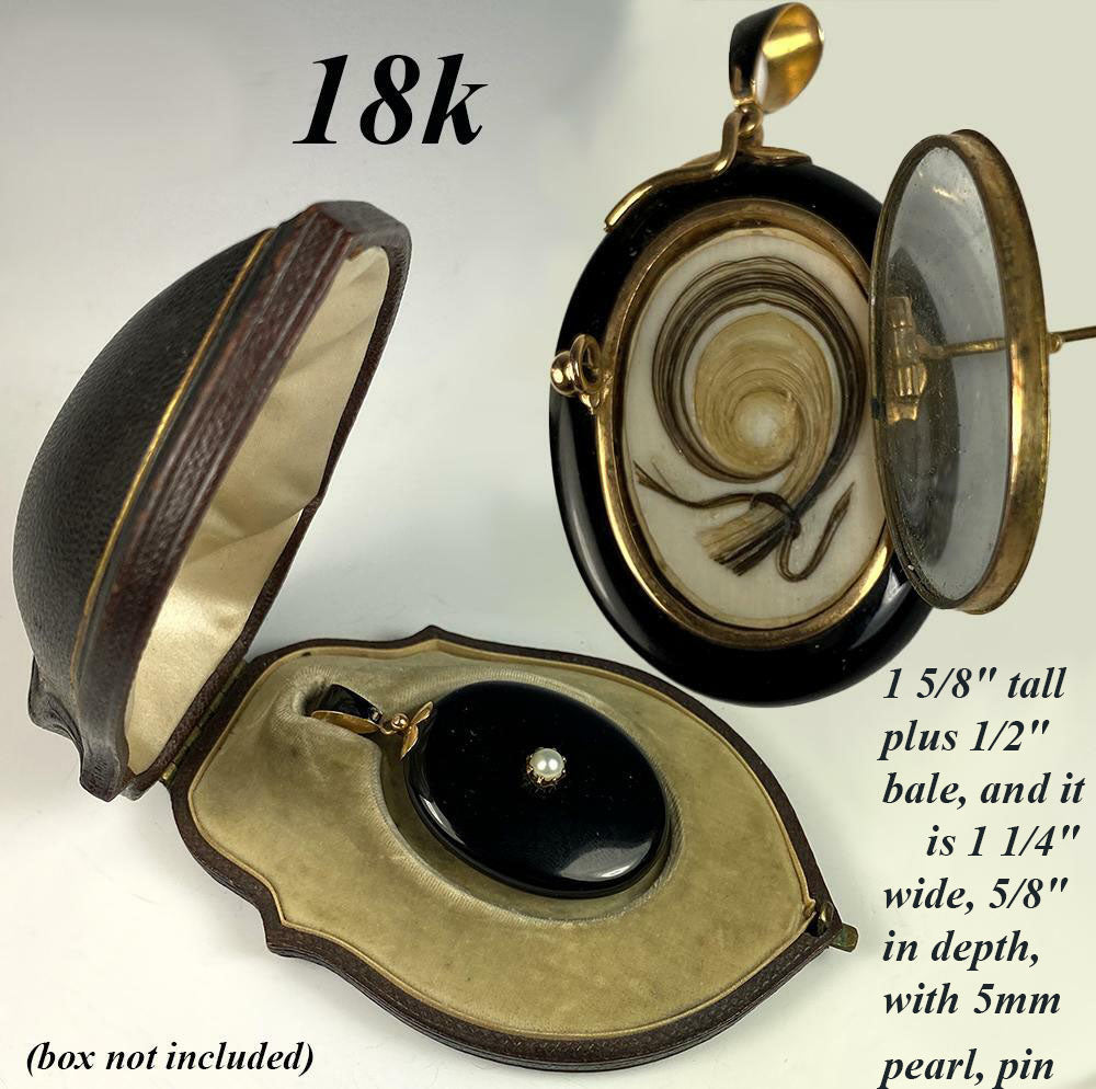 Antique French 18k Gold and Black Enamel, Pearl, Double Locket, Mourning Pendant or Brooch