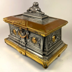 19th c. French Bronze Jewelry Box, 8" Casket, Foundry & Sculptor Léopold OUDRY