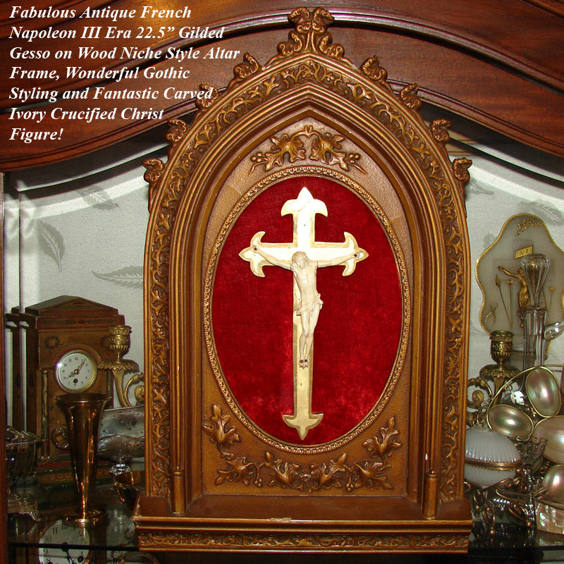 Antique Victorian Era French 22" Altar Frame, Carved Christ Figure, Sculpture