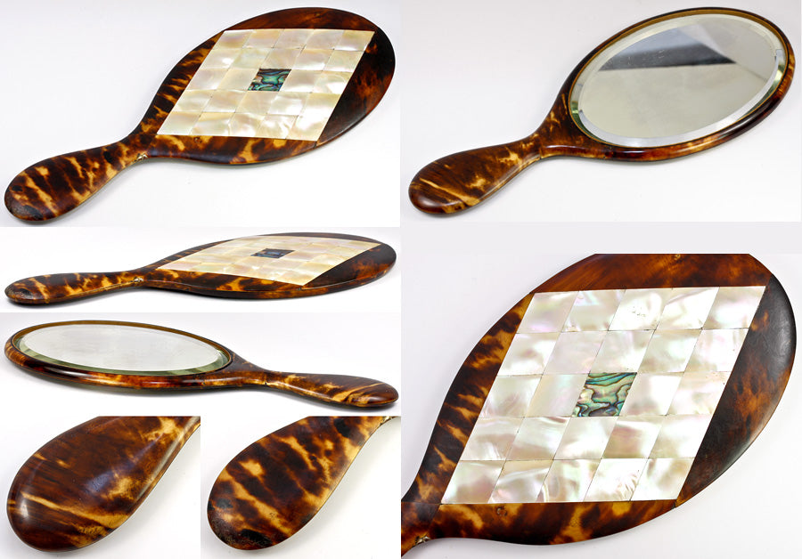 Antique Victorian English Large Tortoise Shell & Mother of Pearl Vanity Mirror - Superb!