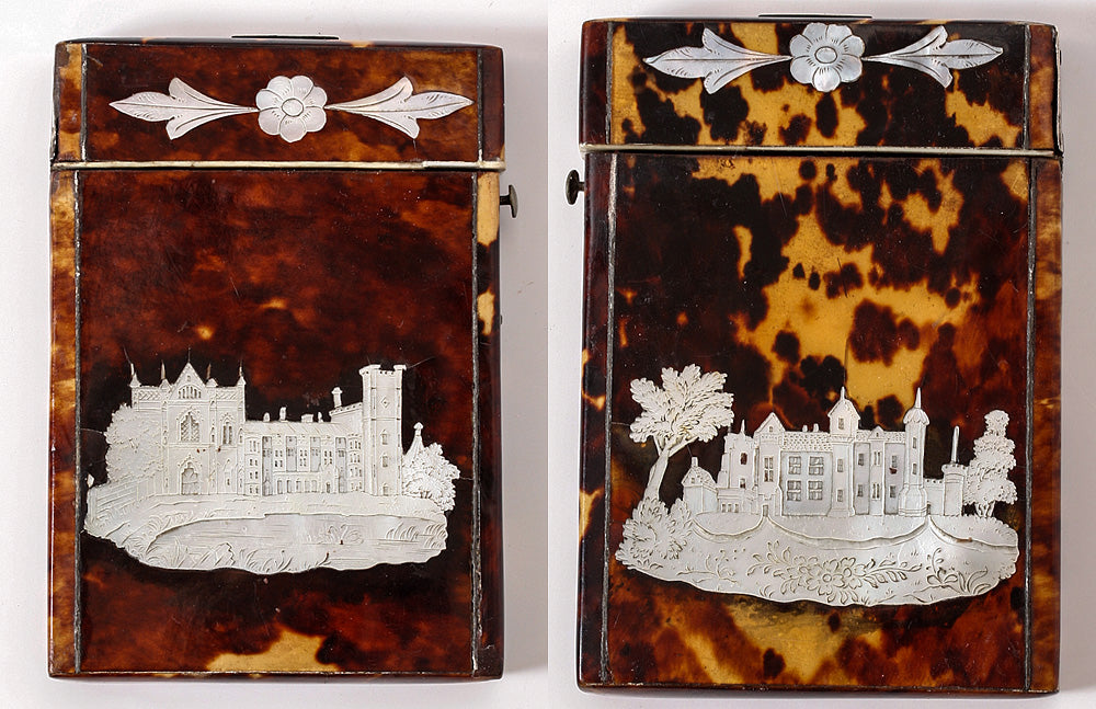 Antique English Calling Card Case, Tortoise Shell and Mother of Pearl, 2 Castles