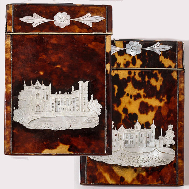 Antique English Calling Card Case, Tortoise Shell and Mother of Pearl, 2 Castles