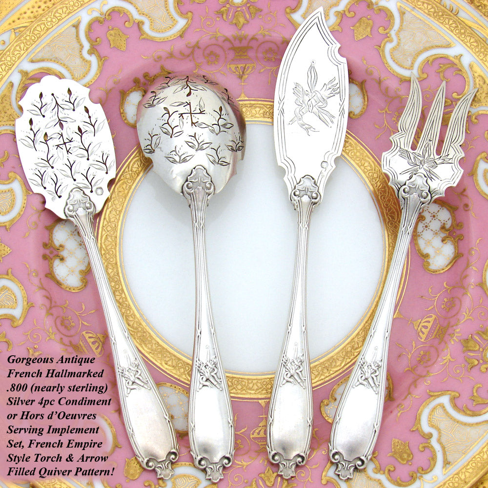 Fine Antique French Sterling Silver 4pc Hors d'Oeuvre Serving Set, Empire Style Torch & Quiver