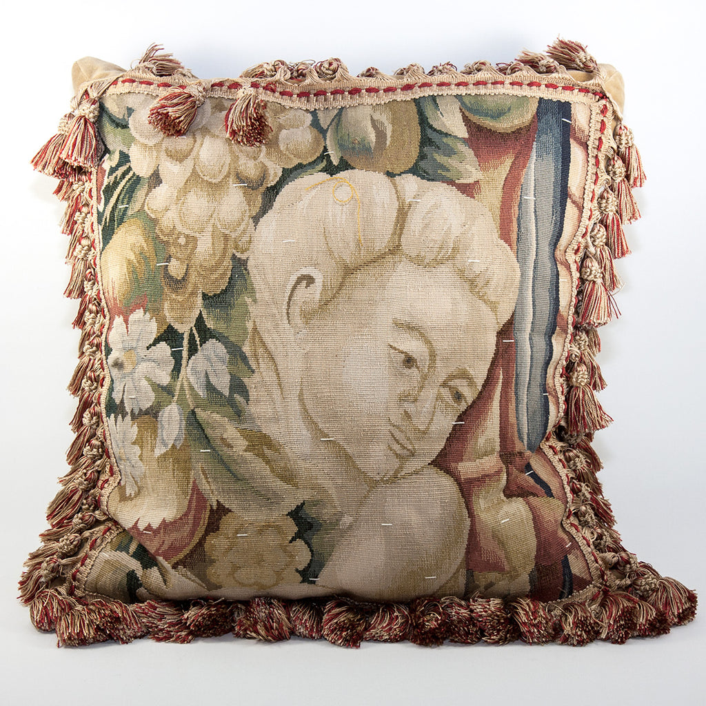 20th Century French Woven Tapestry Sofa Pillow, Figural, Like Aubusson, 17" Sq Plus Fringe